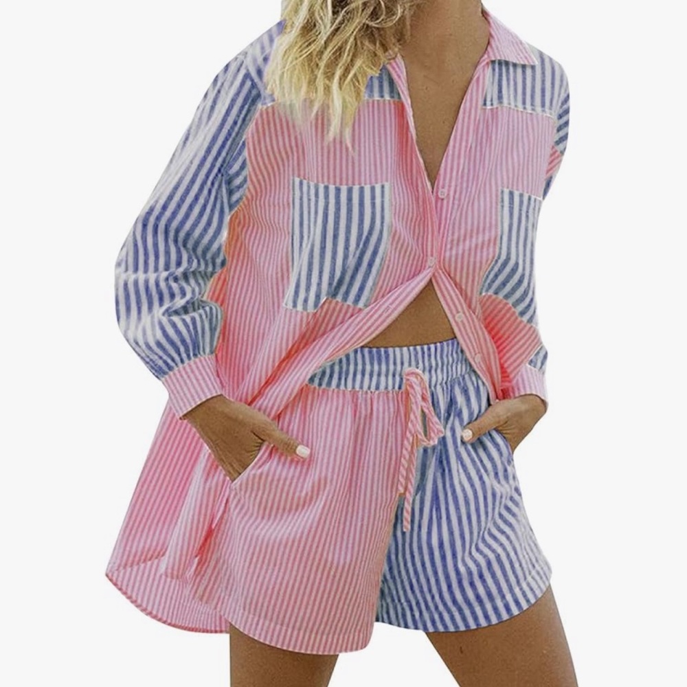 New Boxer Shorts Striped Summer Matching Swim Cover Up Set, Medium